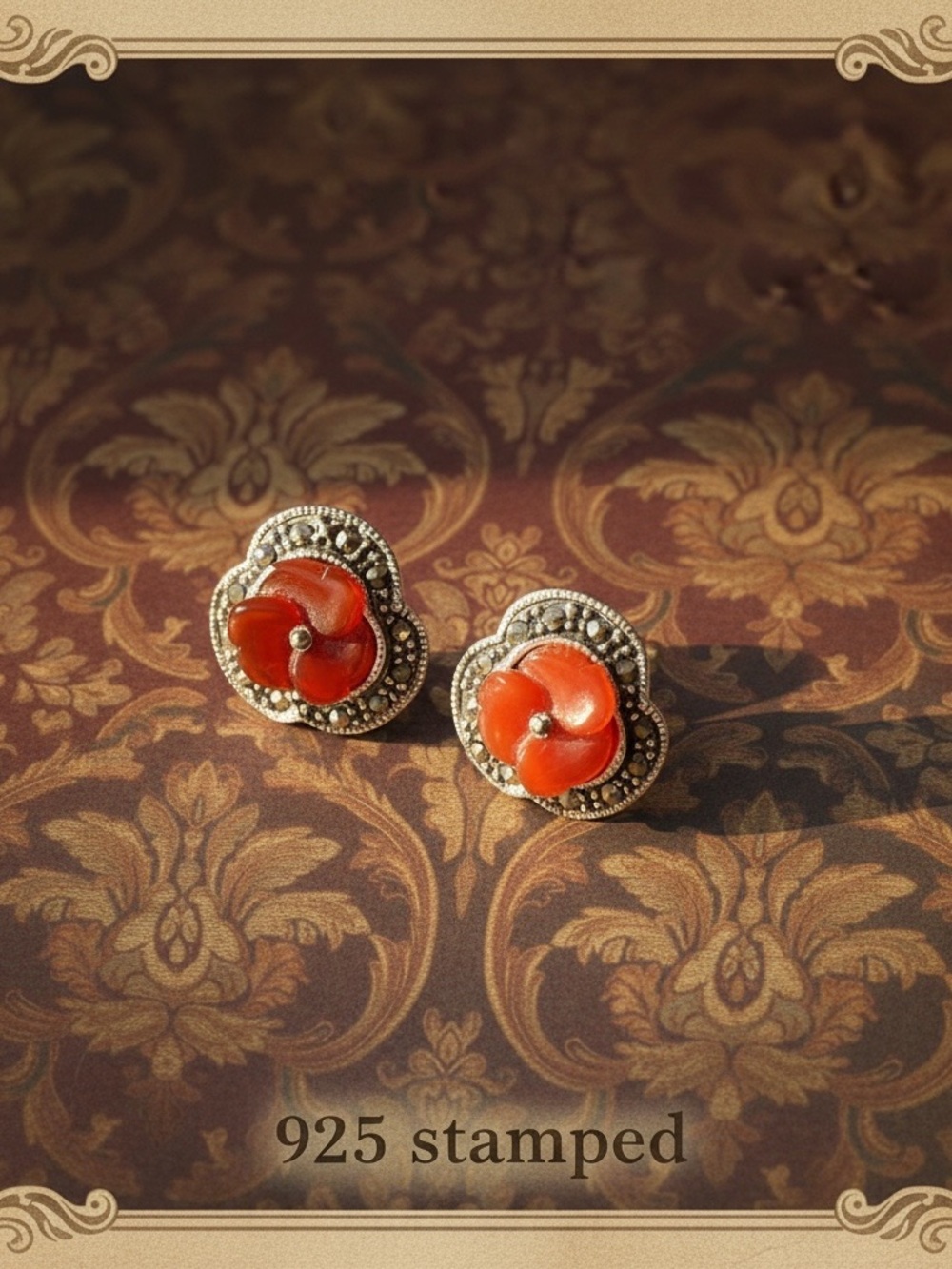 Marcasite carnelian 🌺 Sterling Silver Floral Coral Stud Earrings - Red